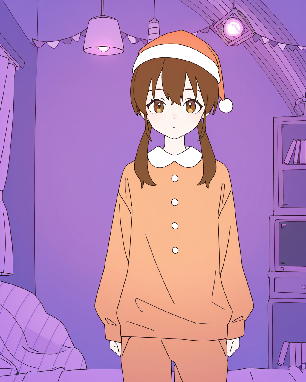 1girl, solo, apricot \(vocaloid\),brown hair,low twintails,santa hat,orange hat,orange pajamas,brown eyes, 2d, flat color, looking at viewer, cowboy shot, purple background, lamp, curtains, bed, bookshelf, masterpiece, best quality, very aesthetic, absurdres