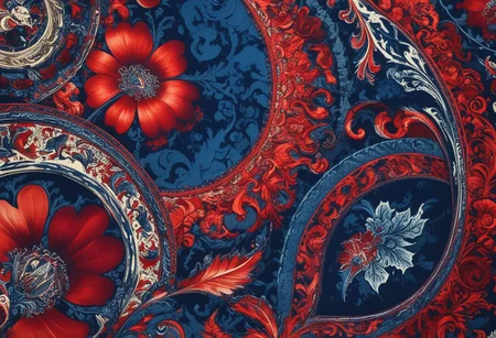 photo of a paisley pattern, official art, aesthetic, dynamic angle, hyper detailed, order and chaos, dark colors, (extremely detailed, intricate details, masterpiece, best quality, 8k wallpaper:1.4), dramatic lighting, (dark blue and madder red palette:1.2), boteh, paisley, navy blue, madder red, almond