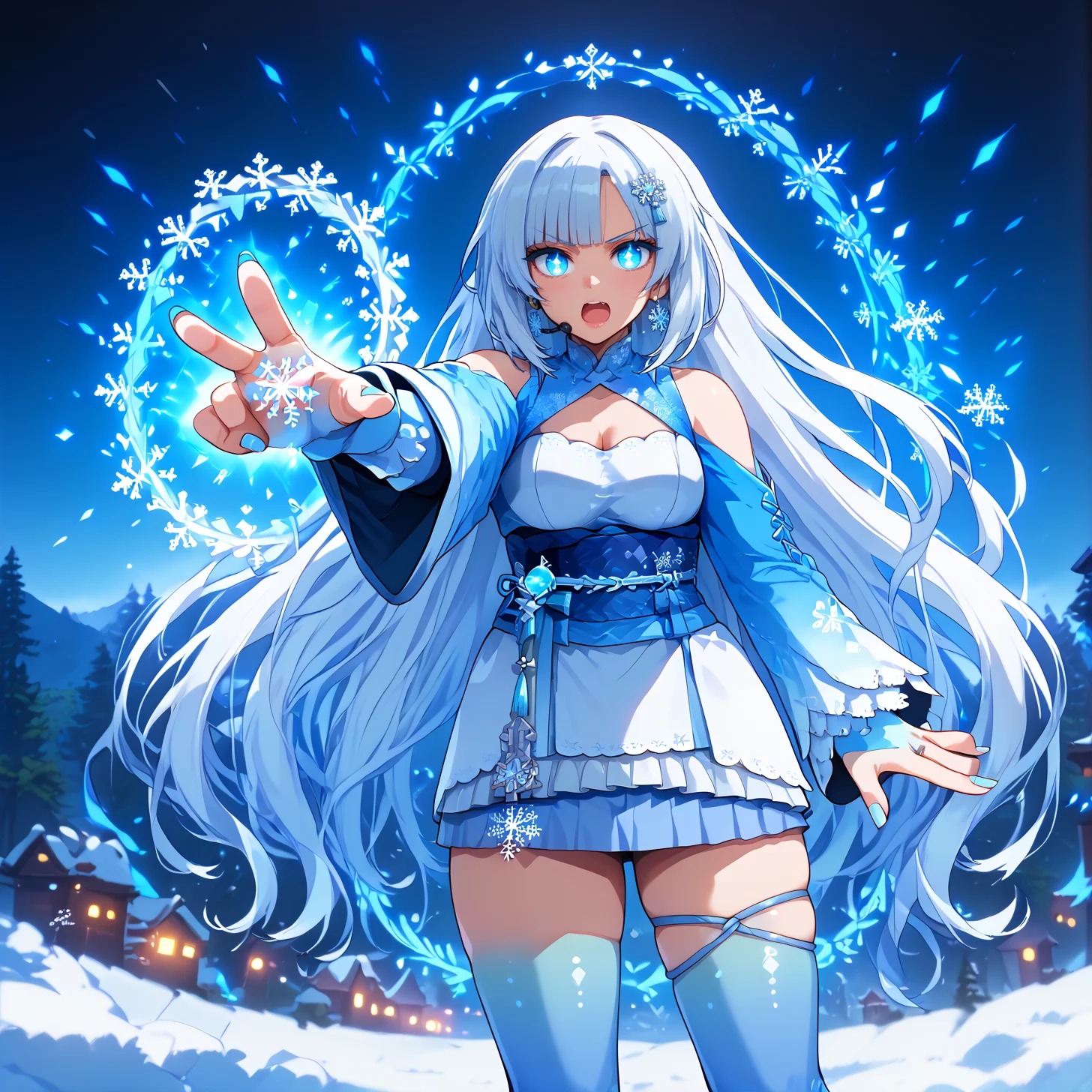 score_9, score_8_up, score_7_up, source_anime, 1girl, solo, solo focus, full body, dutch angle, dynamic pose, dynamic movement,
<lora:whiteCUL_v1-rev2-000049:0.9> whiteCULvvmiky, absurdly long hair, flower hairclip, flower earrings, white short kimono, , kimono skirt, shoulder cutout, bare shoulders, long sleeves, snowflake print blue obi, obijime, tassel, fingernails, blue nail polish, bridal gauntlets, cleavage cutout,
gradient legwear, thigh ribbon, thigh strap, blue thighhighs, zettai ryouiki, asymmetrical legwear, headset, okobo, platform heels,
v-shaped eyebrows, open mouth, arm up, snowflakes, blizzard, snow, glowing eyes, glowing snowflakes, blue powers, global illumination, glow, reaching towards viewer, light particles, particle effects, power lines, glowing hands,
darkness, <lora:SpellBindPony:0.85> spell bind,
dark sky, <lora:darkness_xl_v10:0.1> <lora:HandFixer_pdxl_Incrs_v1:0.9> handfixer