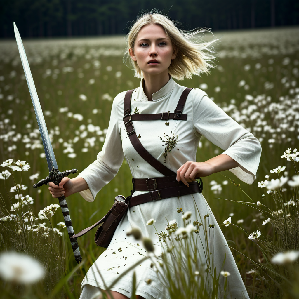 Super Closeup Portrait, action shot, Profoundly dark whiteish meadow, glass flowers, Stains, space grunge style, Jeanne d Arc wearing White Olive green used styled Cotton frock, Wielding thin silver sword, Sci-fi vibe, dirty, noisy, Vintage monk style, very detailed, hd,

