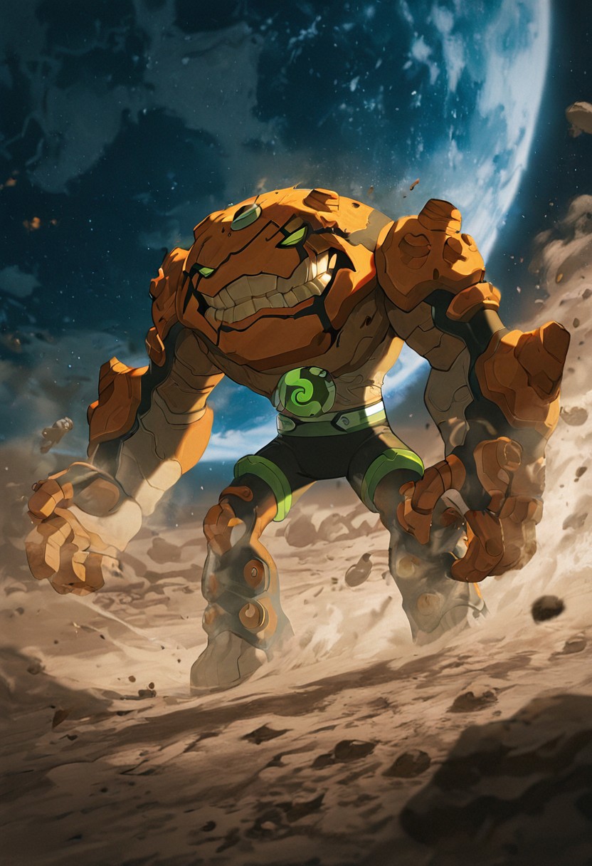 masterpiece, best quality, amazing quality, very aesthetic, absurdres, newest,, detailed background, 
 movie scene, cinematic scene, cinematic, 
gravitack, crooked teeth, 1boy, armor, monster, green eyes, solo, massive arms, big hands,
lunar surface, moon surface, dust, planet earth, moon dust, floating rocks, smile,