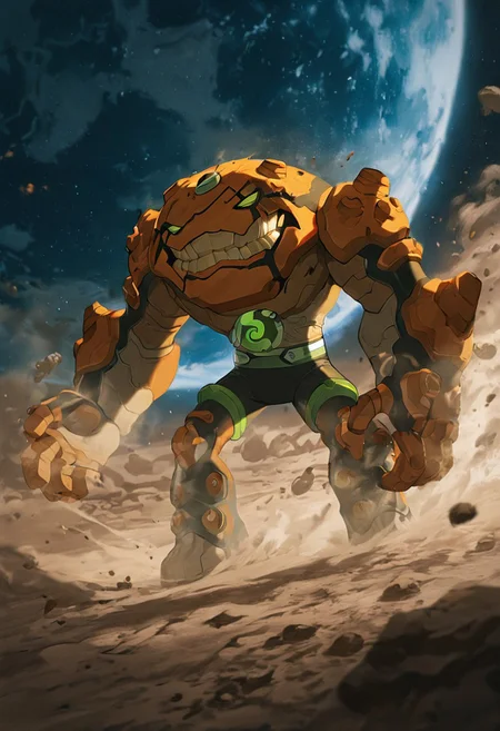 masterpiece, best quality, amazing quality, very aesthetic, absurdres, newest,, detailed background, 
 movie scene, cinematic scene, cinematic, 
gravitack, crooked teeth, 1boy, armor, monster, green eyes, solo, massive arms, big hands,
lunar surface, moon surface, dust, planet earth, moon dust, floating rocks, smile,