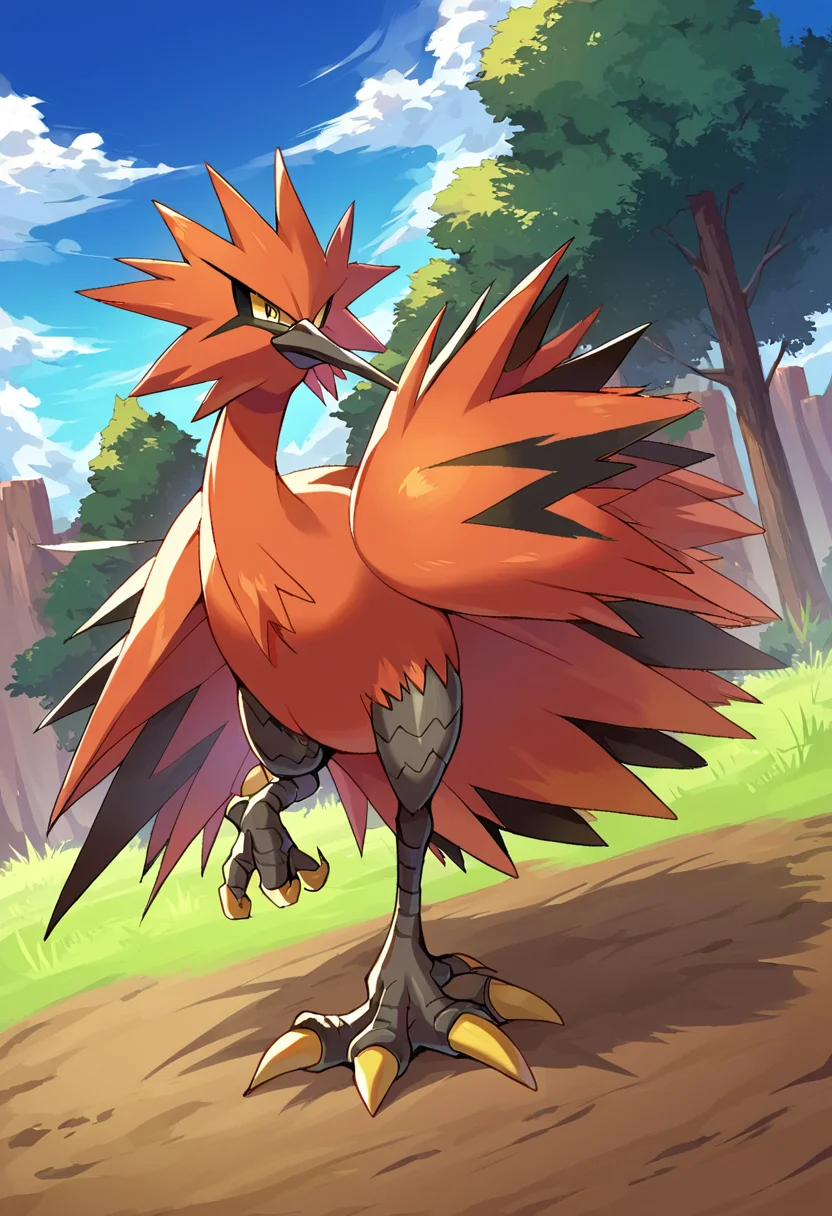 score_9,score_8_up,score_7_up,source_anime,zPDXL3,outdoors, day, tree, cloud, grass, blue sky,
*//*,<lora:Poke_Zapdos-Pony:1>,zapdos_gala,solo,no humans,pokemon (creature),yellow eyes,bird,talons,claws,standing,full body,
*//*,looking at viewer,cowboy shot,dutch angle,dynamic pose,