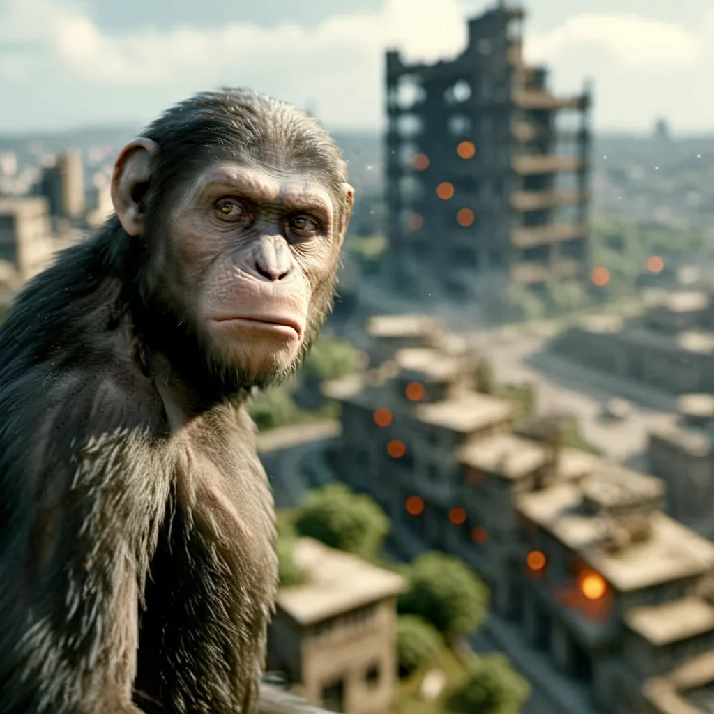 Caesar1024, a monkey, full body, postapocalyptic city background, highly detailed , photography, ultra sharp, film, bokeh, professional, 4k, highly detailed <lora:add-detail-xl:1.5> <lora:Caesar1024-000560:0.7>