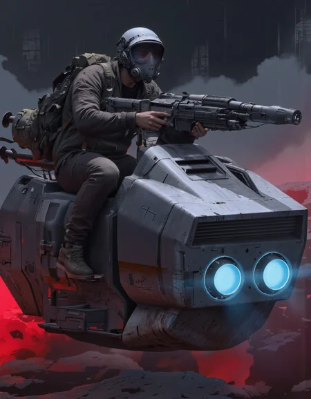 By Paul Chadeisson. A digital illustration shoot from a low angle about a futuristic soldier riding a futuristic armored vehicle with a gas mask, set against a dark, smoky background with red and blue lights. the image also shows dynamic lighting effects. on the center of the image, a 1boy, who appears to be in his mid-twenties, is sitting on a futuristic vehicle, wearing a dark military-style jacket and a helmet, with a backpack on his back. he is holding a large, futuristic machine gun in his right hand and is positioned in the middle of the frame. the vehicle has a sleek, metallic design with blue and red lights emanating from the front, giving it a futuristic and advanced look. the background is filled with abstract shapes and textures, and the overall atmosphere is dark and moody, with dramatic lighting effects adding to the futuristic feel.