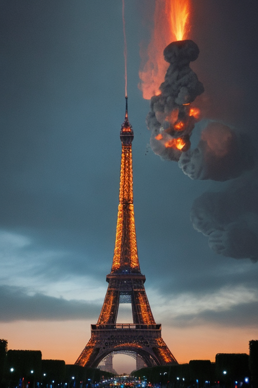 A photo of a futuristic setting, aliens, war, one Tour Eiffel, fire