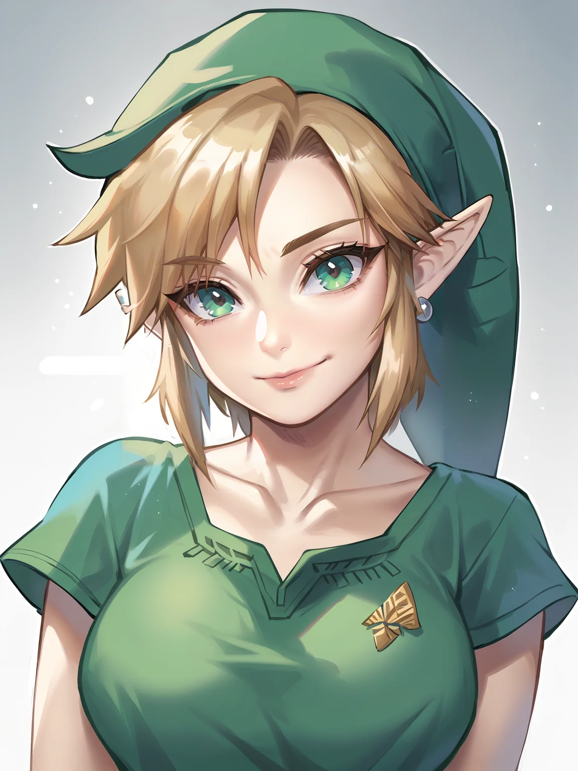 score_9, score_8_up, score_7_up, score_6_up, score_5_up, source_anime, smooth_anime,
Link, 1girl, large_breasts, green_eyes, green_cap, 
blue_shirt, bottomless, blue_background, t-shirt, short_sleeves, lips, collarbone, looking_to_the_side, bangs, out-of-frame_censoring, nose, gradient_background, closed_mouth, smile, gradient, head_tilt, simple_background, earrings, jewelry, short_hair, upper_body
<lora:Link_Pony:1> <lora:Hitowa:.75>