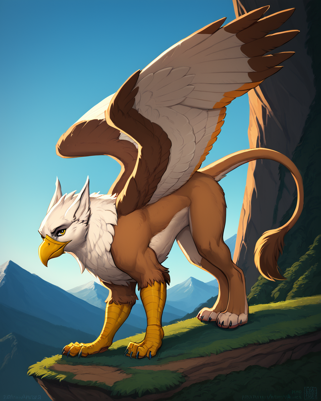 score_9, score_8_up, score_7_up, intricately detailed, 
<lora:ZaushAdam_Wan_for_PonyXL:1>, zaush
low angle shot, 
1boy(feral furry, gryphon, solo, closeup, side view, eagle head, large wings folded behind his back, active pose, looking at the viewer, solo, standing on all fours on a mountain cliff, full body, rating_safe), beautiful forested mountains, fantasy world, summer, sunshine, epic lighting|
<lora:xl_more_art-full_v1:0.4>, 
<lora:add-detail-xl:0.4>