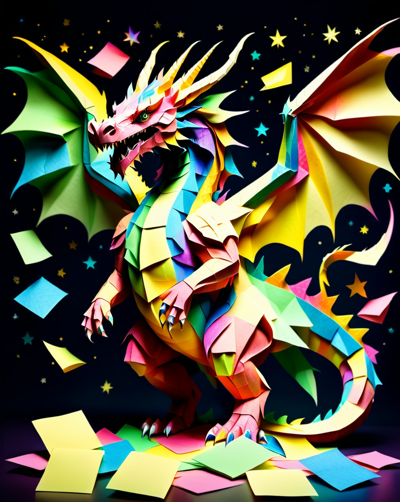 a massive colorful dragon with fine scales made out of Jed-StickyN, dynamic pose, dynamic angle, dark fantasy, epic, intricate details, ultra wide shot, zoomed out, (front view:1.3) with wings spread wide, 
<lora:StickyNotesStyle:1>,  <lora:add-detail-xl:0.7>,  <lora:sd_xl_dpo_lora_v1:1>, <lora:xl_more_art-full_v1:0.3>,  set against a  background of a starry sky,