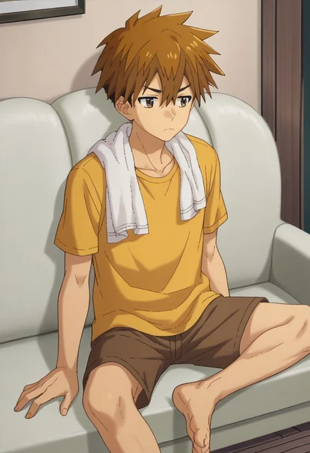 score_9, score_7_up, source_anime, 

yokoya, 1boy, male focus, solo, brown eyes, brown hair, hair between eyes, short hair, shirt, t-shirt, yellow shirt, short sleeves, shorts, brown shorts, barefoot. towel around neck, frown,


indoor, couch, sitting,