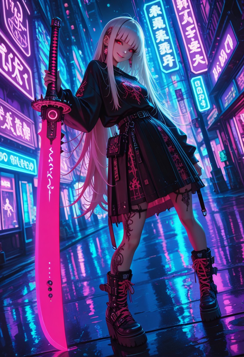 masterpiece, best quality,high quality, newest, highres,8K,HDR,absurdres,4ur4_illu,shiny, ,4ur4_illu, 1girl, weapon, white hair, solo, hair ornament,holding sword,spiked sword,giant sword, neon_sword, piercing, bangs, long sleeves, looking at viewer, very long hair,messy hair,hime cut,  red eyes, ear piercing, jewelry, holding weapon, dress, holding, outdoors, tattoo, earrings, boots, closed mouth, katana, smile, full body, reflection, blurry, blurry background,tokyo_lights,tokyo street,neon lights,cyberpunk, high-contrast lighting, intricate details, vibrant colors, reflective surfaces, dynamic pose, futuristic urban environment, glowing neon signs, cybernetic enhancements, punk aesthetic,  dynamic pose, dynamic composition,dutch angle, depth of field,dark_theme,detailed backgroud,foreshortening,blurry edges,