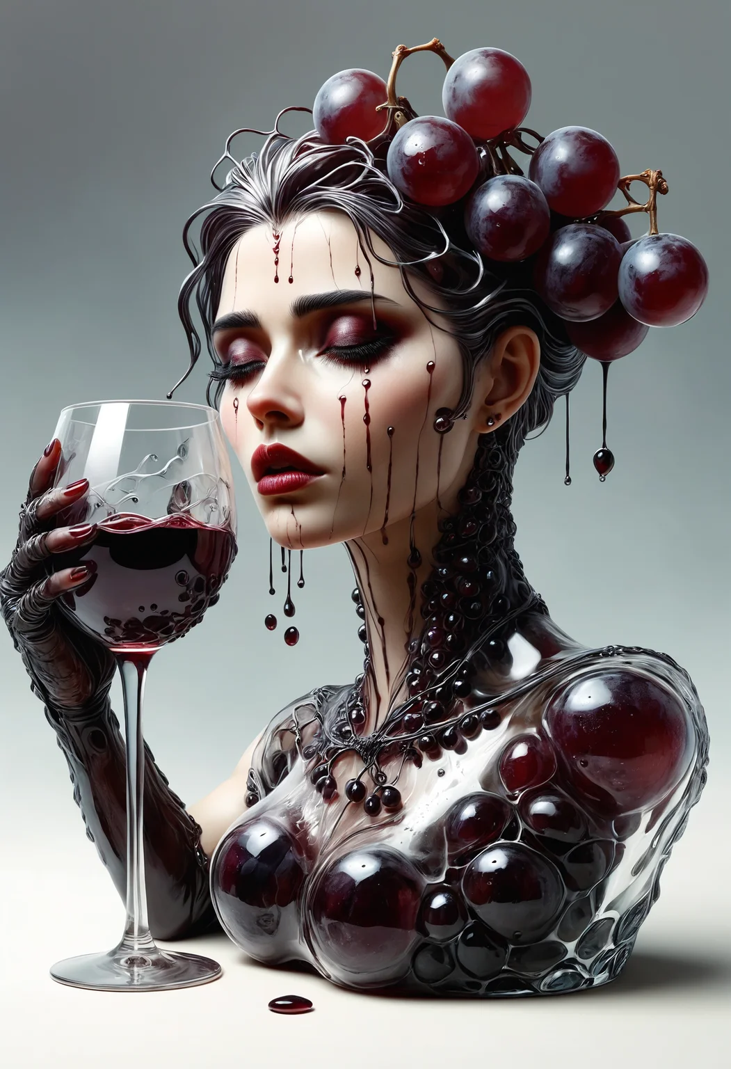 a stylish glass of red wine stylized as a delicate goth woman bust made of grapes and despair, tears dropping in the glass, style of Luis Royo
<lora:dvr-cl-dvsn:0.8> dvr-cl-dvsn