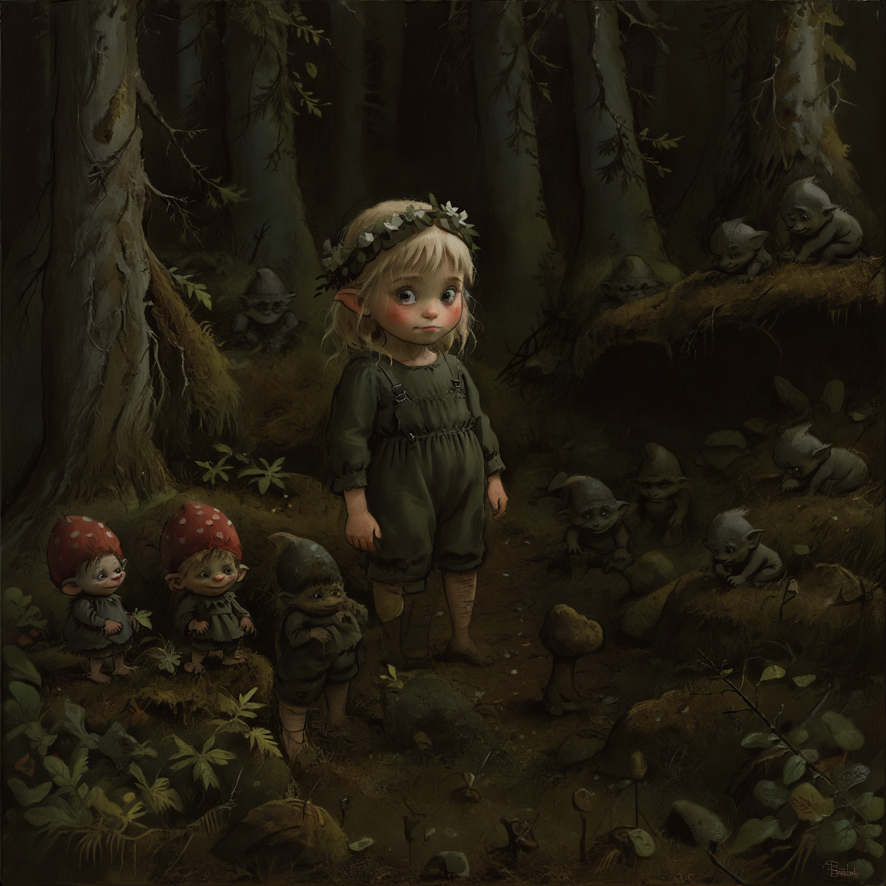 girl in the style of elsa-beskow  <lora:elsa-beskow-sdxl-v1:0.8> forest, trolls   <lora:OverallDetailXL:1> OverallDetailXL   <lora:zavy-cntrst-sdxl:1> dark, chiaroscuro, low-key