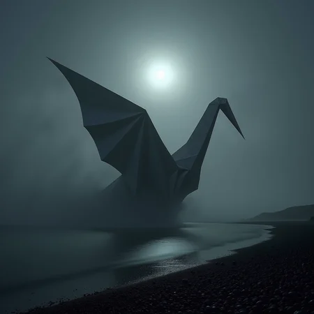 Chiaroscuro Lighting Style, LowKeyLights_v2, On a dim, ominous moonlit night, a gigantic origami crane looms over the nearshore waters of the Scottish Highlands. Partially covered in shadows and shrouded in swirling mist that rises eerily from the sea, the craneâs stealthy presence is unsettling, evoking a sense of unease and dread. The faint, dull glow of the moon casts a pale light, subtly outlining the sharp, angular lines of the paper crane, making it appear both ghostly and formidable. The mist wraps around the crane, obscuring parts of its form, as if the creature is emerging from or retreating into the darkness. The scene is heavy with an ominous atmosphere, where the stillness of the night and the hidden details within the fog amplify the terror of the unknown <lora:Chiaroscuro Lighting Style v1:1> <lora:low-key_lights_v2:0.2>