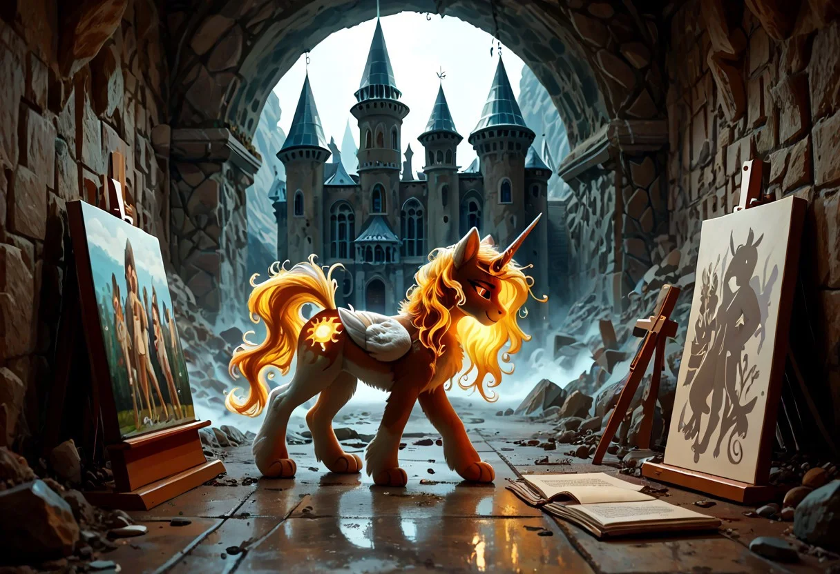 score_9, score_8_up, score_7_up, score_6_up, score_5_up, score_4_up, The dark side of Celestia, Daybreaker, alicorn pony, g5, rich colors, crystal castle, Crystal Empire, crystal heart in the center of the square, presents a painting of rabbits and pony, aroused, front view, detailed background, pony, solo, detailed, 8k quality, side view, beautiful, teasing, easel and brushes, leaned to the floor, free actions, masterpiece, best quality, break, (rabbit boy, buster_b, furry), break, (rabbit girl, babs_b, furry),