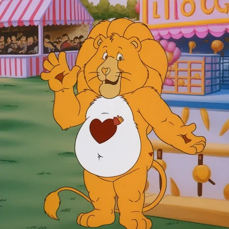 lion, yellow body, standing very tall, muscular, round belly, bara, mane, tail, detailed eyes, solo, waving to viewer, in an amusement park, heart shaped nose,