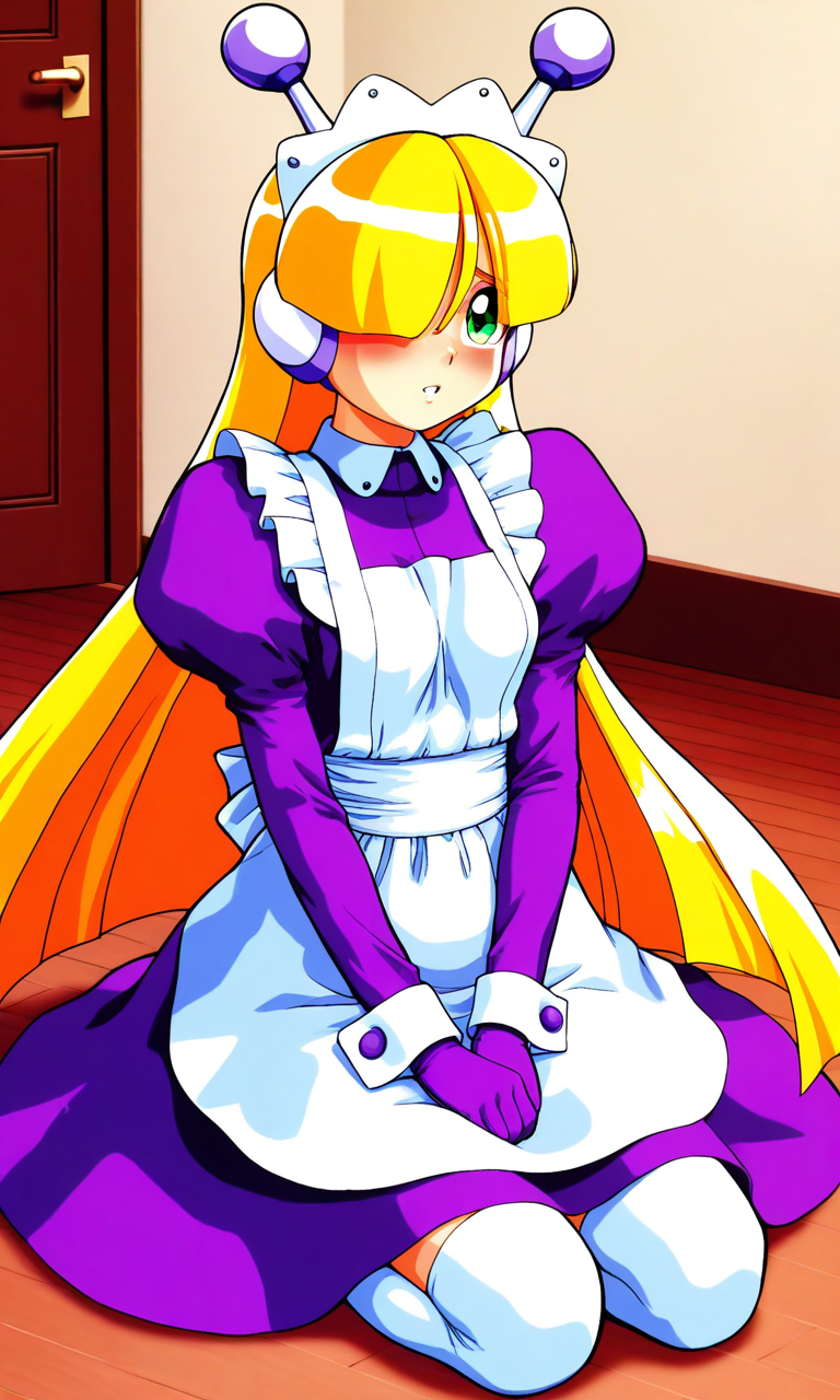 general,highres, ultra-detailed,very aesthetic,best quality ,best hands, BREAK <lora:Tesse_Lombrozo_WakuWaku7_Ver2.1_IS:1>
Tesse_Lombrozo, 1girl, solo, very long hair, blonde hair, bangs, robot ears, maid headdress, small breasts, 
green eye, hair over one eye, 
maid, purple dress, long sleeves, puffy sleeves, white apron, maid apron, juliet sleeves, white thighhighs, purple gloves,  
sitting, v arms, parted lips, embarrassed,seiza,
room, flooring,