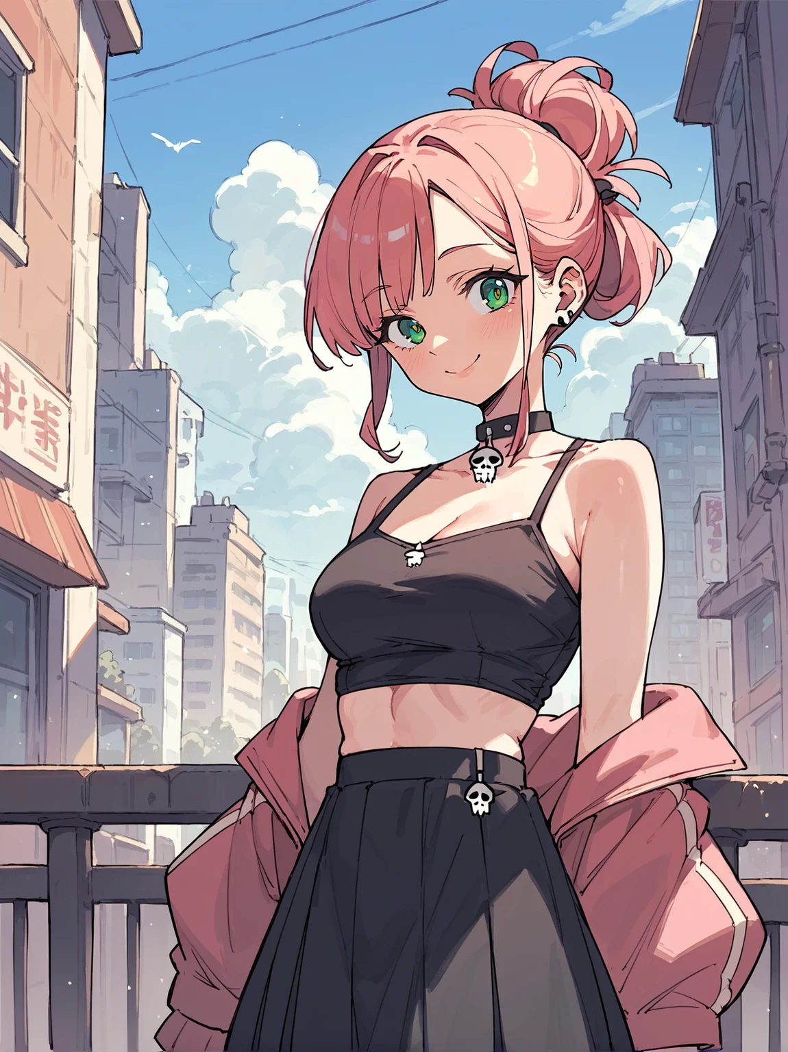 score_8_up, score_7_up, score_6_up, source_anime, 1girl, solo, outdoors, city
smile,
skullchoker
black crop top, black skirt <lora:Skull_Choker-000004:1>