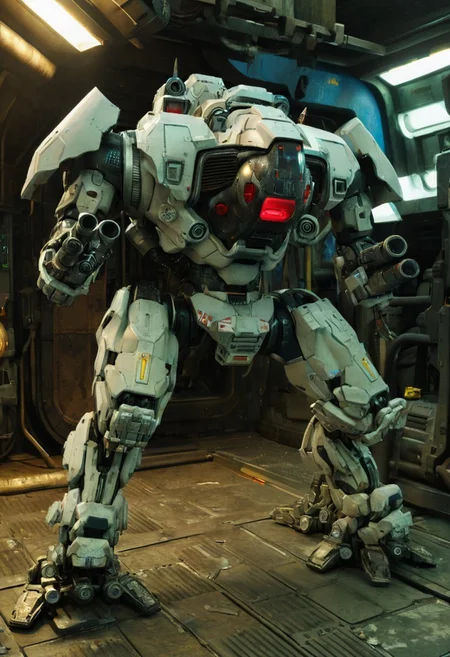 Pacific Rim Striker Eureka, Giant Mecha, Streamlined design, Striker Eureka, 76m tall mecha, white and gray armor with red accents, streamlined combat mecha, six-missile launcher on chest, retractable tungsten spring blades on arms, hydraulic joints with exposed gears, blue glowing cockpit and sensors, plasma thrusters on back, dynamic combat pose, cyberpunk lighting, cinematic details, 8k resolution, sci-fi military design, mechanical weathering effects,
very realistic photography, peeing sound effects,