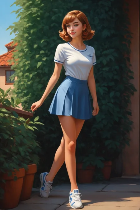 digital painting by Evgeny Lushpin and Chip Zdarsky and Ilya Kuvshinov in the style of Cynthia Sheppard of a cute fit 18 year old model, cinematic fashion shot, full body length <lora:EnvyStudioPortraitXL01:0.35>