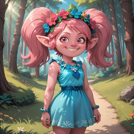 score_9, score_8, BREAK, solo, Poppy_(\Trolls\), pink skin, pink hair, pink nose, ponytail, pink eyes, pointy ears, bracelet, hair flower, head wreath, cyan dress, barefoot, sexy pose, self portrait, smile, outdoors, sunlight, shadows, evening lighting, natural lighting, forest, trees, grass, orange sky, sunset