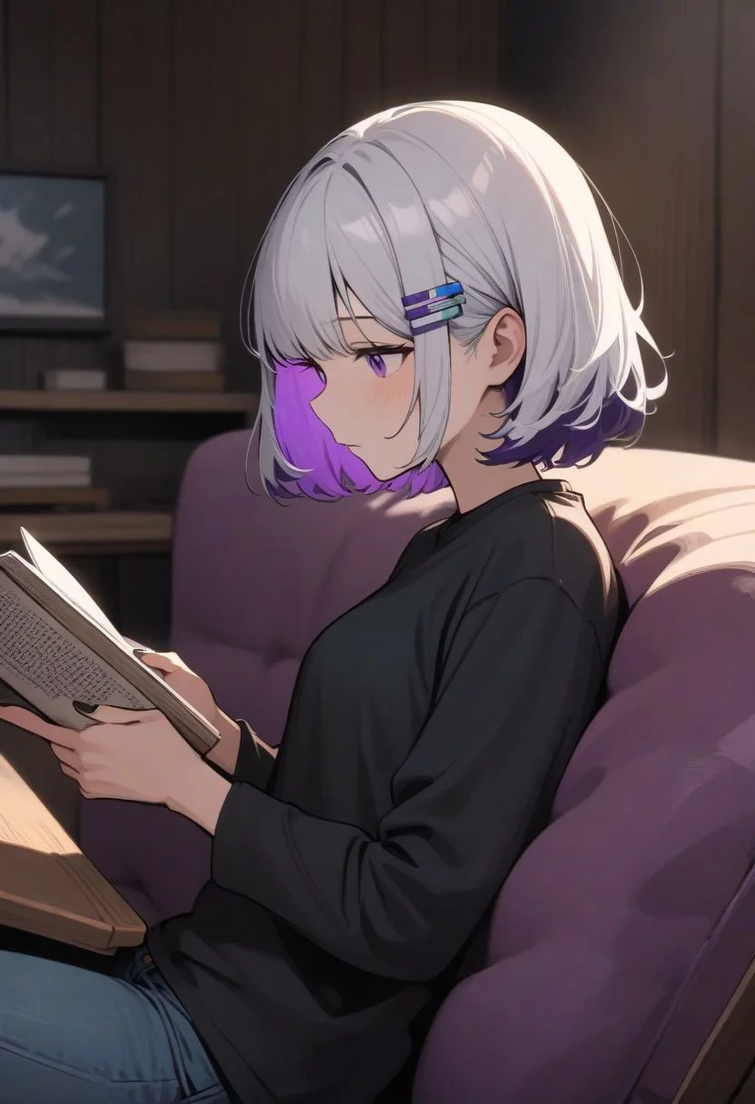 1girl,
masterpiece, best quality, very aesthetic, absurdres,
purple eyes,multicolored hair,portrait, white hair, inner hair, purple inner hair, purple inner, short hair,
black nail, HDA_flipped hair, hair ornament, hair clips, hairclips,
medium_breasts,
From the side,
log house, living room, sofa, table,
black tshirt, jean shorts, hot pants,
sitting on the sofa, relaxing, reading a book,