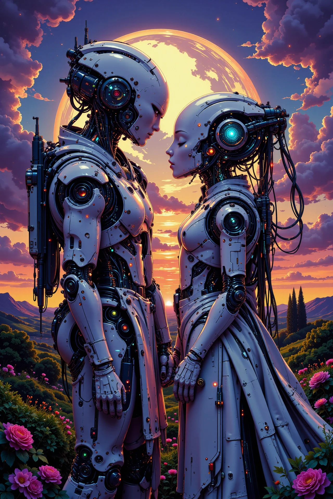 a couple of androids kissing beautiful  landscape, evening, woman, very intricate, very detailed, sharp, bright, colorful, <lora:Hand v2:0.5> <lora:Anti-Blur:1><lora:Insane Detail Slider:0.25>  <lora:flux.1_lora_flyway_Epic-detail_v2:0.3> <lora:fluxenhancer:0.25> <lora:ck-Neon-Retrowave:0.4> ck-rw, in the style of ck-rw,  <lora:Neurocore Anime Cyberpunk:0.8> A digital artwork in the style of cknc