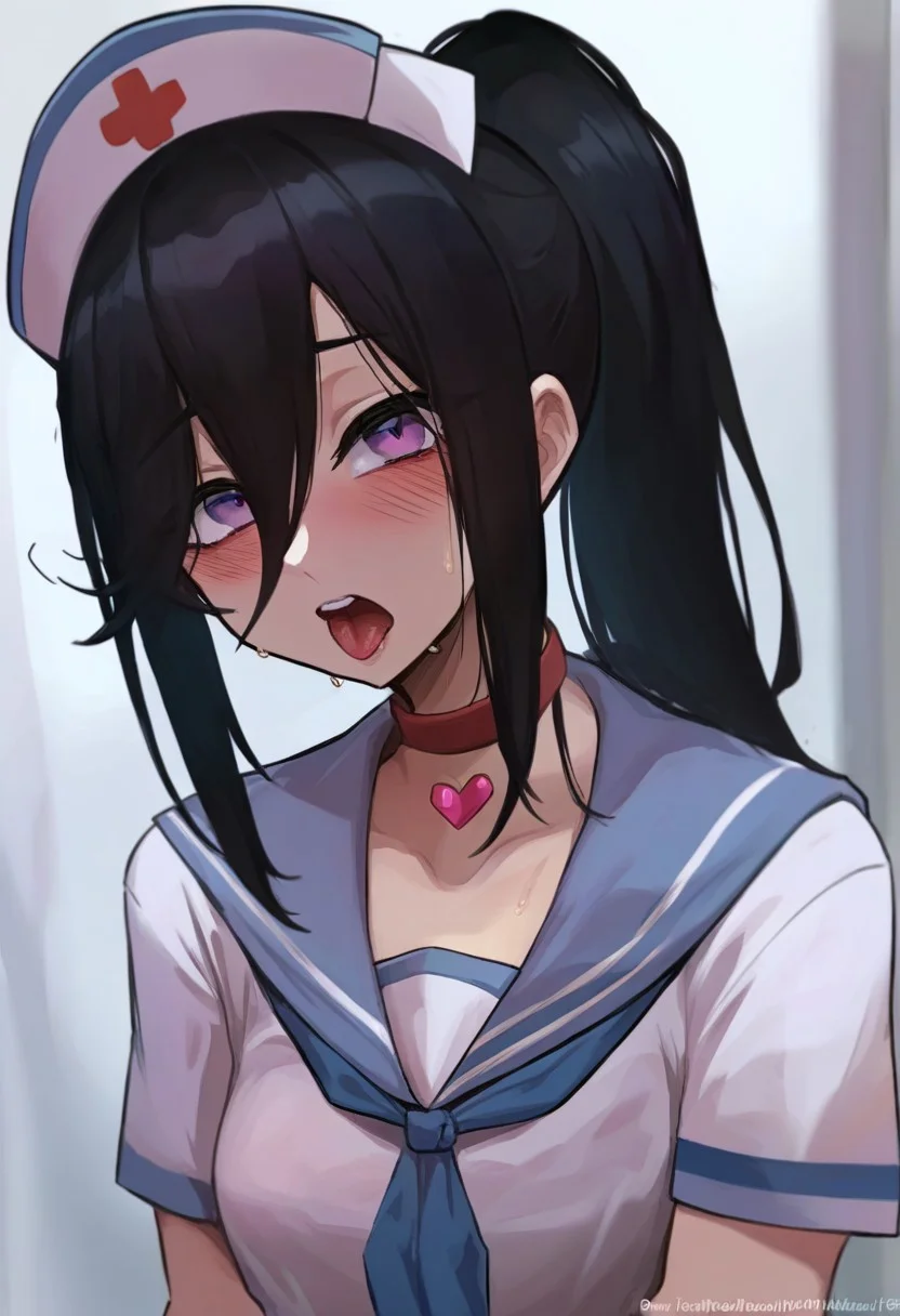 score_9, score_8_up, score_7_up, Mevak_PS, source_anime, hi res, masterpiece, best quality, highres, female focus, red choker, serafuku, blush, open mouth, tongue out, looking at viewer, blue sailor collar, short sleeves, upper body, collarbone, teeth, shirt, heart choker, sweat, neckerchief, zPDXL, zPDXLxxx, NrseHot (IKMRU), black hair, hair between eyes, nurse cap, ponytail, purple eyes, long hair, bags under eyes,