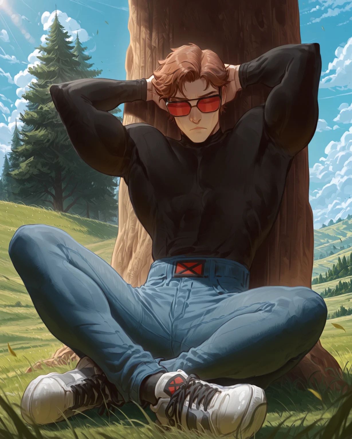 masterpiece,best quality,depth_of_field, blurry_background, grass, hill, tree, clouds, blue sky, sunbeam, falling_leaves, 1boy, solo, CyclopsX-Men, brown_hair, sitting, sitting on ground, on grass, sitting on grass, leaning back, leaning against tree, crossed_legs, hands behind head, relaxed, relaxing, sunglasses, red sunglasses, red-tinted_eyewear, black_shirt, jeans, sneakers, facing_viewer, bored, (muscular:1),