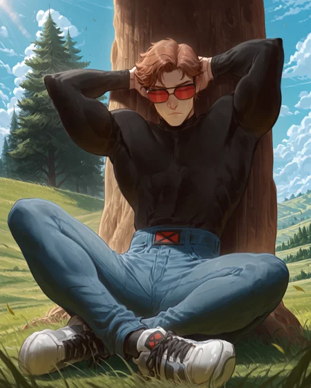 masterpiece,best quality,depth_of_field, blurry_background, grass, hill, tree, clouds, blue sky, sunbeam, falling_leaves, 1boy, solo, CyclopsX-Men, brown_hair, sitting, sitting on ground, on grass, sitting on grass, leaning back, leaning against tree, crossed_legs, hands behind head, relaxed, relaxing, sunglasses, red sunglasses, red-tinted_eyewear, black_shirt, jeans, sneakers, facing_viewer, bored, (muscular:1),
