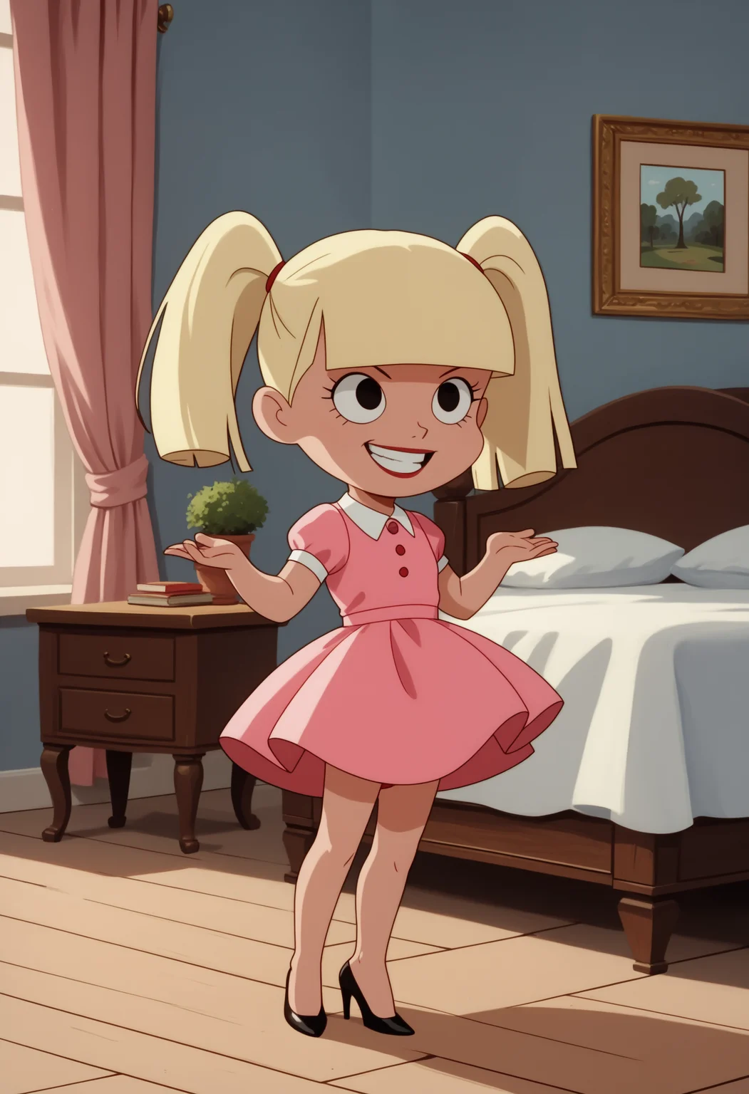 score_9, score_8_up, score_7_up, score_6_up, score_5_up, 1girl, solo, full body,
<lora:Mary Dahl Mature - Baby Doll (Batman the Animated Series - BTAS):1>
Mary_Dahl_Mature, (chibi:0.9), (very short, short), black eyes, blonde hair, twintails, blunt bangs,
(full length dress:1.1, pink dress), high heels, grin, teeth, slim, small legs, small ears, high heels,
detailed background, indoors, bedroom,
<lora:add-detail-xl:0.9>
<lora:light:0.9> neolight