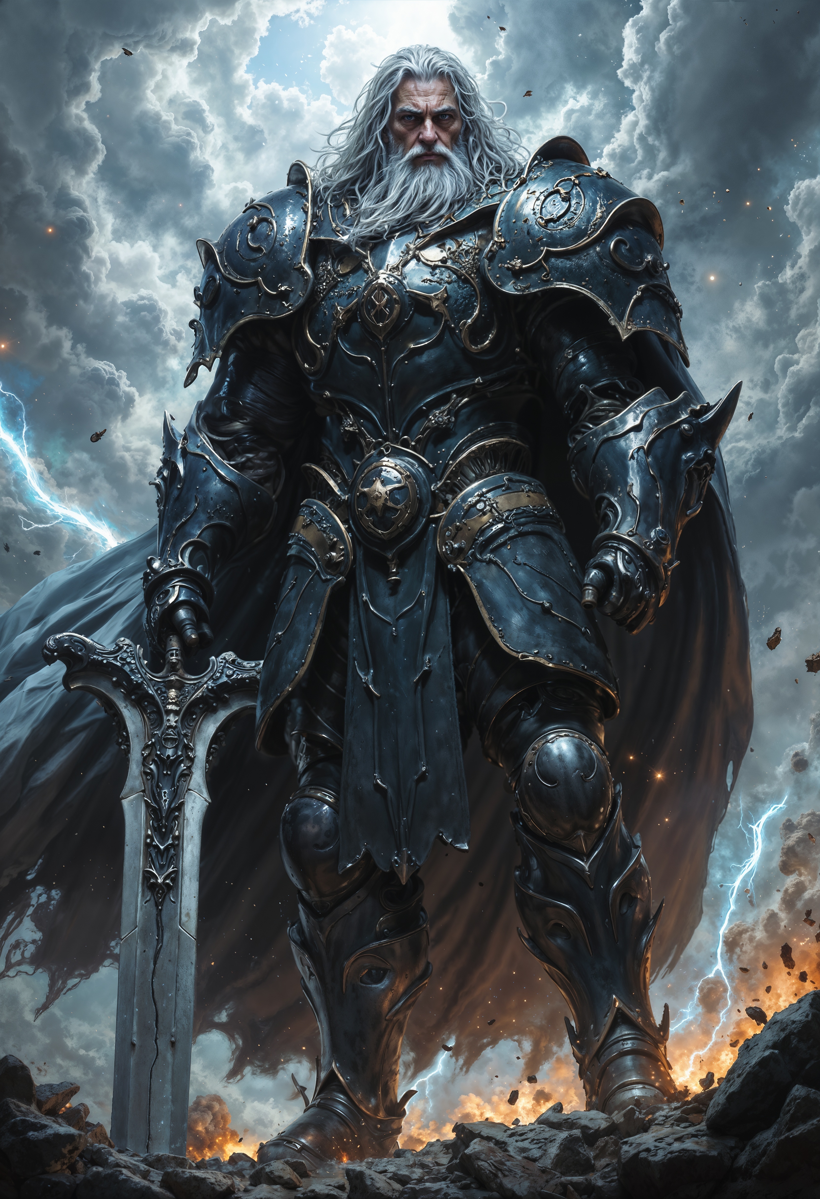 A powerful and imposing image of Dalinar Kholin, the legendary Blackthorn, standing in full Shardplate on a shattered battlefield. His massive, intricately detailed armor gleams with a dark, stormy sheen, bearing the scars of countless battles. His stern face is framed by a silver mane of hair, and his intense, weathered eyes reflect his unwavering resolve and the burden of leadership. In his hands, he grips Oathbringer, his colossal Shardblade, which glows faintly with a menacing, ethereal light. The background is filled with swirling storm clouds and flashes of lightning, setting a dramatic, war-torn atmosphere. Dalinar stands tall and unyielding, embodying the strength, honor, and inner conflict of a warrior turned highprince, determined to unite a fractured kingdom against overwhelming odds.