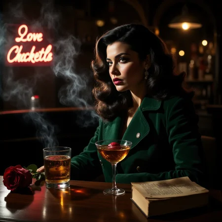 A sultry, cigarette-smoking woman, her face framed by a cascade of dark curls, sits hunched over a dimly lit bar.  A worn, emerald green velvet jacket, heavy with the weight of unspoken secrets, drapes over her shoulders.  A single diamond earring dangles, a stark contrast to the shadows that cling to her figure.  Her eyes, the color of stormy seas, are fixed on a swirling glass of amber liquid, reflecting a swirling tempest of emotion.  The bar itself, dimly lit by a flickering neon sign, casts long, theatrical shadows that stretch across the polished mahogany.  The air hangs thick with the scent of expensive perfume and stale cigarette smoke, a melancholic symphony of the city's late night.  A single, disintegrating rose, crimson and faded, sits on the table before her, a silent testament to a lost love.  A worn copy of Hemingway rests beside the glass, as if a whispered answer to her unspoken sorrow.  The relentless thump-thump of a jazz bass echoes from the speakers, a soundtrack to silent despair.  Her expression, a haunting mix of defiance and desperation, suggests the question: Did love ever truly find her?