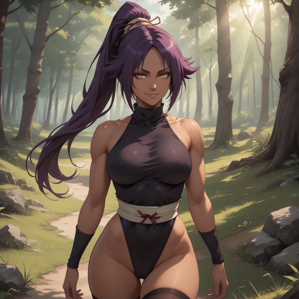 score_9, score_8, BREAK, solo, shihouin yoruichi, 1girl, golden eyes, long hair, purple hair, bangs, ponytail, black leotard, black thighhighs, large breasts, masterpiece, bleach, sexy pose, self portrait, smile, outdoors, sunlight, shadows, evening lighting, natural lighting, forest, trees, grass, orange sky, sunset