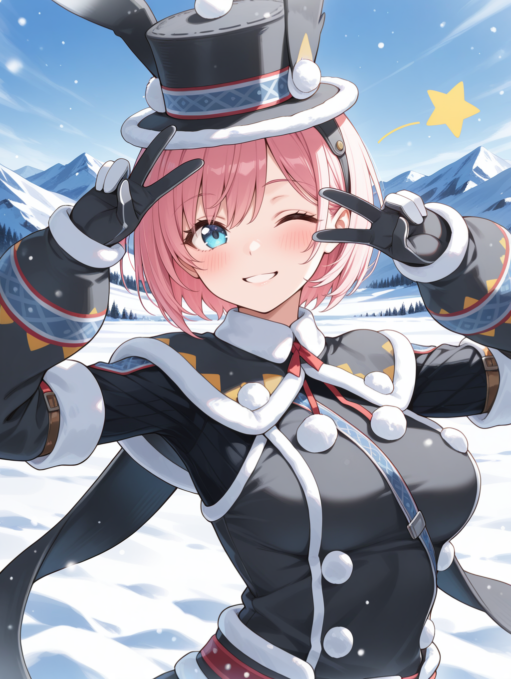 snow,mountain,snowbaron lagombi armor, one eye closed, blue eyes, 1girl, solo, smile, blush, v, short hair, looking at viewer, upper body, black fur-trimmed top hat, black fur-trimmed capelet, black fur-trimmed coat, black fur-trimmed gloves, star \(symbol\),
masterpiece,best quality,amazing quality,very aesthetic,absurdres,newest,<lora:Snowbaron Lagombi Armor illuXL v1:0.75>,