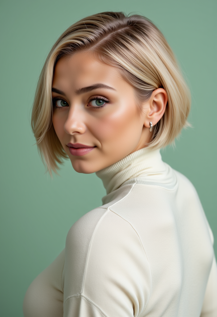 headshots,Hyperrealistic, she is smiling, dynamic angles, multiple angles, photoshoot poses;  A photo of BLFHD02Wbdy, a woman with short blonde hair and green eyes,  a woman wearing a white turtleneck and busty breasts, Simple light green background, and the lighting is soft, creating a dramatic effect., creating a focused and dynamic pose.; the scene is set in a beautiful well-lit environment, with a sense of action and adventure. Style: realistic hyper-detailed rendering, 32k UHD, expressive eyes, punk, graphic design, girl's face, pretty and cute, gleaming lips, telling a tale of adventure. Exuding confidence and serenity. The overall mood of the image is happy and relaxed, detailed skin texture,(blush:0.2),(goosebumps:0.3), subsurface scattering,with a playful and whimsical tone,perfect hand, hand, detailed hand,niji style,retro50s_style,
