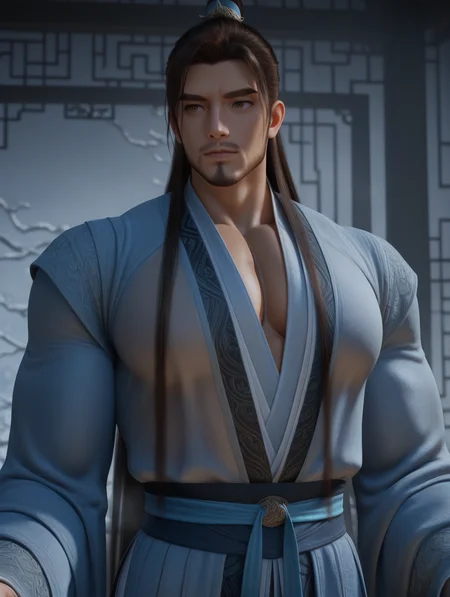 Hanli, brown eyes, facial hair, Hanli, brown eyes, hanli, brown eyes,realistic,3d, masterpiece,best quality,amazing quality, 1 boy,solo,male focus,bara, muscular,bodybuilder,huge pecs, fair skin,hanfu,Transparent clothes