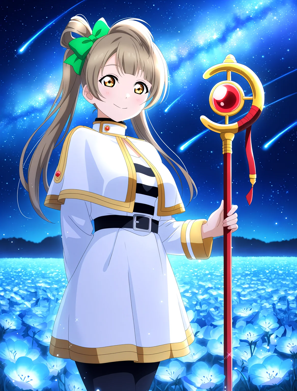<lora:Koto-Umi-Riko-Shizu-Setsu-LLAS-NoobAIXLV10-V1:1> <lora:sdxl-boldline:-1.5>
(llas:1.4), (masterpiece, very aesthetic, absurdres, very awa:1.4), highres, best quality, newest, perfect anatomy, perfect lighting, anime coloring BREAK
sparkle, light particles, light rays, rim lighting, depth of field, blurry background BREAK
1girl, solo, looking at viewer, cowboy shot BREAK
minami kotori, twintails, (yellow eyes:0.8), frieren cosplay, white capelet, long sleeves, holding staff, casting spell BREAK
big pupils, (detailed eyes:1.2), large breasts BREAK
outdoors, night, (nature, scenery), (blue theme), nemophila \(flower\), blue flower, flower field, (starry sky, milky way:1.3), shooting star, cometâââ