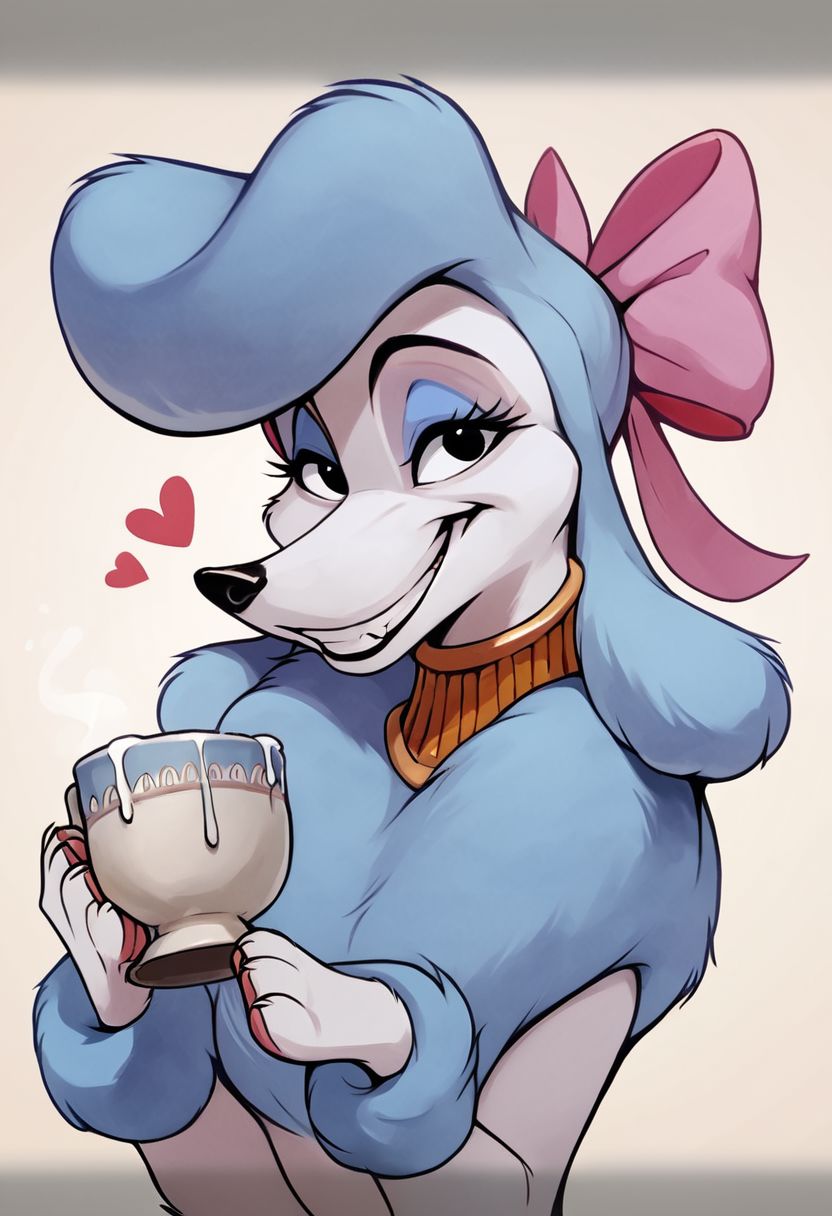 score_9,score_8,score_7,source_furry,
<1girl:1.5>,
<solo:1.5>,
georgette_oliver, georgette_poodle, 1girl, solo, furry female, furry, smile, bow, pink bow, hair bow, cup, letterboxed, parody, plant, grin, breasts, jewelry, style parody, upper body, teeth, poodle_girl, feral, dog, canine, poodle, sfw, safe,meme, Grimace,
detailed,
4k,
8k,
full hd,