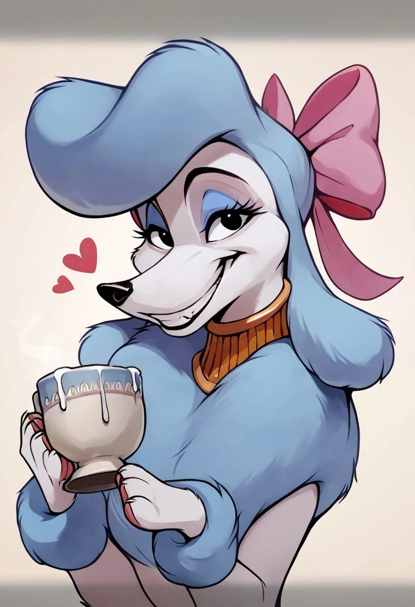 score_9,score_8,score_7,source_furry,
<1girl:1.5>,
<solo:1.5>,
georgette_oliver, georgette_poodle, 1girl, solo, furry female, furry, smile, bow, pink bow, hair bow, cup, letterboxed, parody, plant, grin, breasts, jewelry, style parody, upper body, teeth, poodle_girl, feral, dog, canine, poodle, sfw, safe,meme, Grimace,
detailed,
4k,
8k,
full hd,