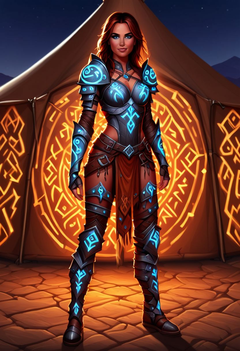 1woman, nomadic dancer, Flashfire glowing runes, digital art, cartoony realism, full body leather armor, background is nomadic tents