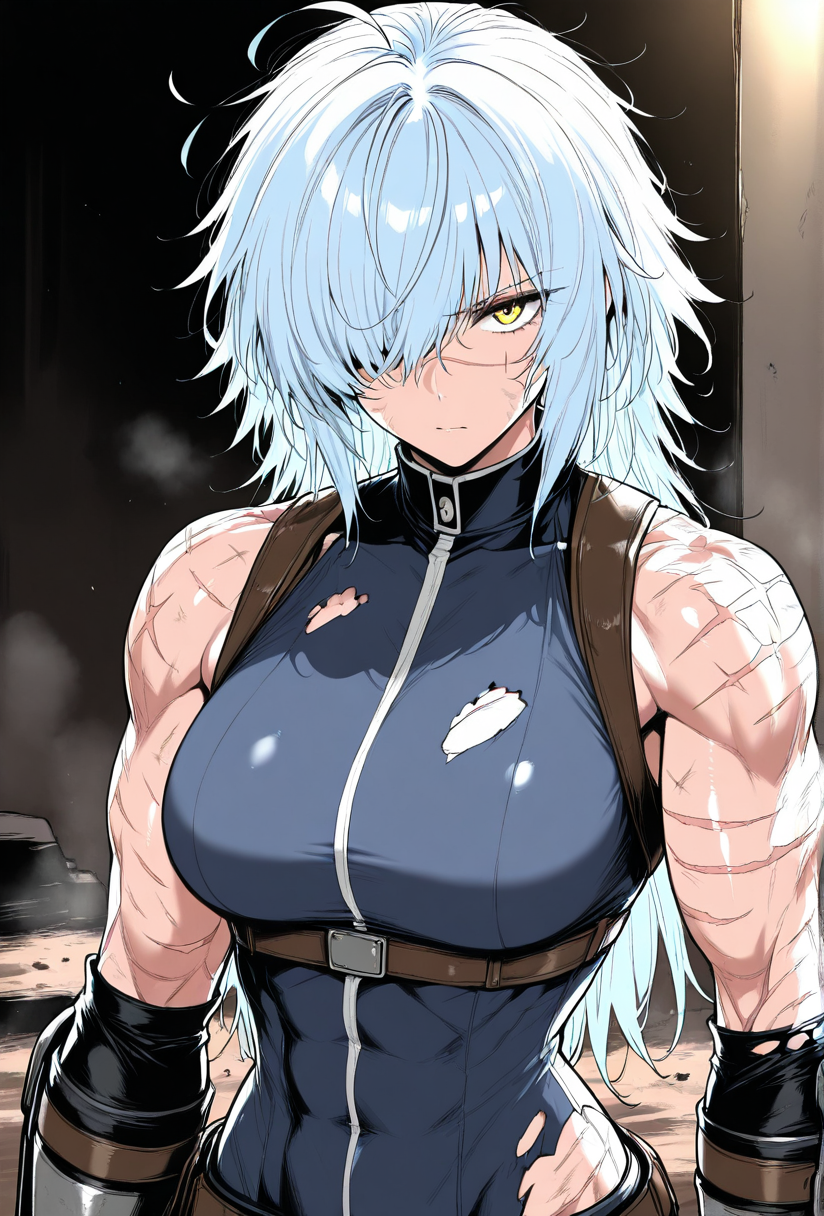 (masterpiece, best quality, ultra-detailed:1.4),
solo,1girl, (light blue hair:1.3), short messy hair, bangs,
(yellow eyes:1.5), (battle-worn expression:1.3), (scar over one eye:1.5), (intimidating aura:1.3),
(hair covering one eye:1.5), (bangs covering left eye:1.4), (left eye obscured by hair:1.4), (hair over eye:1.3),
(battle-hardened:1.4), (war veteran:1.3), (many scars:1.3), (visible wounds:1.2), (weathered face:1.2), (dirt and grime:1.2),
(toned arms:0.6), (muscle tension visible:0.3), (slim but athletic build:1.1), (strong female warrior:1.1), mercenary warrior
(dynamic lighting:1.3), (gritty, rough textures:1.2)
looking at viewer, (hair slightly messy:1.2), (torn and worn-out fighter outfit:1.2),
 <lora:VioletV2:1>