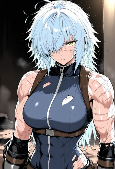 (masterpiece, best quality, ultra-detailed:1.4),
solo,1girl, (light blue hair:1.3), short messy hair, bangs,
(yellow eyes:1.5), (battle-worn expression:1.3), (scar over one eye:1.5), (intimidating aura:1.3),
(hair covering one eye:1.5), (bangs covering left eye:1.4), (left eye obscured by hair:1.4), (hair over eye:1.3),
(battle-hardened:1.4), (war veteran:1.3), (many scars:1.3), (visible wounds:1.2), (weathered face:1.2), (dirt and grime:1.2),
(toned arms:0.6), (muscle tension visible:0.3), (slim but athletic build:1.1), (strong female warrior:1.1), mercenary warrior
(dynamic lighting:1.3), (gritty, rough textures:1.2)
looking at viewer, (hair slightly messy:1.2), (torn and worn-out fighter outfit:1.2),
<lora:VioletV2:1>