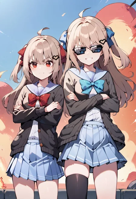 score_9, score_8_up, score_7_up, source_anime, (2girls), IncrsXLDealWithIt, sunglasses, neuro_outfit, neuro-sama, blue eyes, beige cadigan, blue ribbon, crossed arms, smug, closed mouth, BREAK evil neuro-sama, red eyes, black cardigan, blue ribbon, sunglasses, evil grin, holding a remote control, BREAK, explosion in the background, fire, dramatic pose, standing side by side, wide shot,
