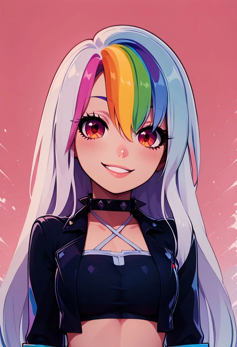 score_9, score_8_up, score_8, big breasts, (curvy), cute, eyelashes,
(rainbow colors, color spectrum, style-paintmagic),
BREAK,
Roxy_Citron_OC, 1girl, solo, red eyes, white hair, rainbow hair, long hair, streaked hair, hair between eyes, open jacket, black jacket, midriff, crop top, cropped jacket, belt, criss-cross halter, shorts, shirt, choker, black thighhighs, jewelry,
upper body, head tilt, smile, hand on hip, wide hips,
BREAK,
zPDXL, Expressiveh p4st3lg0r3