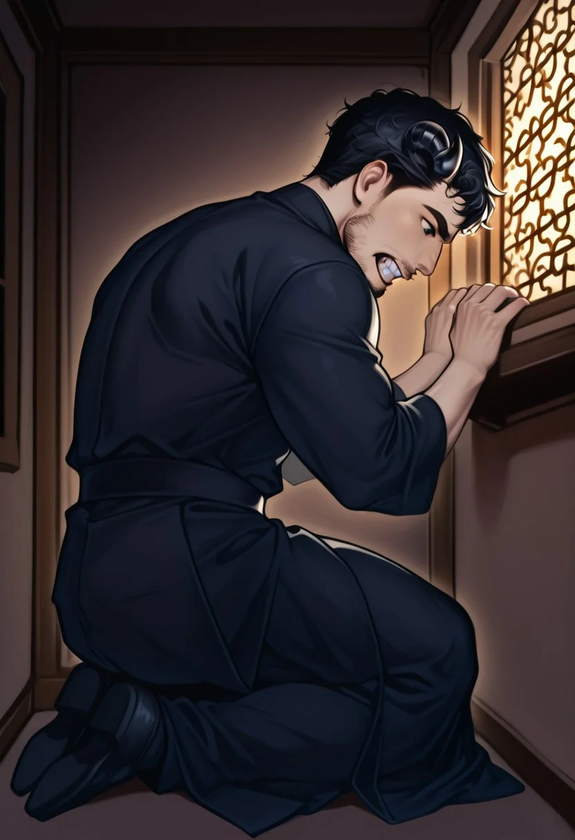 score_9, score_8_up, score_7_up, score_6_up, masterpiece, best quality, detailed eyes, detailed face, face_focus, (solo, full body, domfth transformation into demon, mid transformation, small demon horns, sharp teeth, sitting, back arched, looking at ceiling, hands on wall, side view), (SinfulConfession, confessional, dark lighting, lattice window, confession, dark room, bara, facial hair, short hair, priest clothes, black eyes, black hair), muscular male, realistic, (eyes wide open, mouth wide open, shock, paralyzed)
