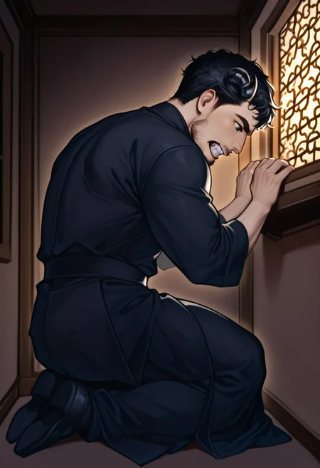 score_9, score_8_up, score_7_up, score_6_up, masterpiece, best quality, detailed eyes, detailed face, face_focus, (solo, full body, domfth transformation into demon, mid transformation, small demon horns, sharp teeth, sitting, back arched, looking at ceiling, hands on wall, side view), (SinfulConfession, confessional, dark lighting, lattice window, confession, dark room, bara, facial hair, short hair, priest clothes, black eyes, black hair), muscular male, realistic, (eyes wide open, mouth wide open, shock, paralyzed)