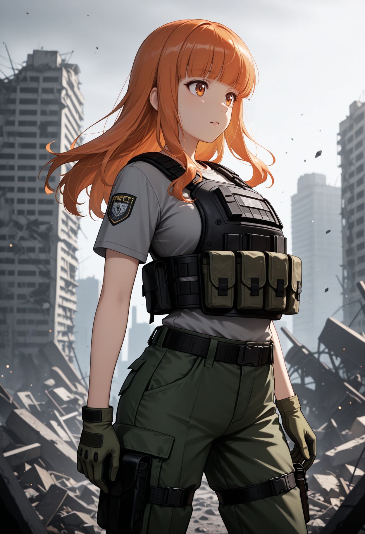 masterpiece,best quality,absurdres,highres,very aesthetic,high quality,detailed,insanely detailed,beautiful,perfect lighting, ,depth of field,blurry background,bokeh,
 <lora:Takebe Saori illu:1> saoridef, long hair, blunt bangs, orange hair, orange eyes, bulletproof vest, chest harness, grey shirt, short sleeves, green gloves, green pants, cargo pants, thigh strap, thigh pouch, outdoors, grey sky, city, abandoned, debris