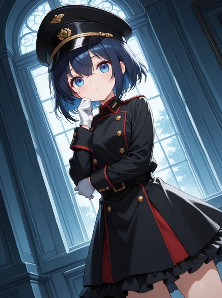 sfw, general, 
<lora:Inui_Sajuna_1213939:1>, 1girl, KJOshion, dark blue hair, blue eyes, hair between eyes, short hair, black military uniform, black frilled dress, long sleeves, wrist cuffs, white gloves, black peaked cap, 
BREAK
general, dutch angle, from front, dynamic pose, <lora:brightness_slider:-0.5>, 
BREAK
masterpiece, best quality, amazing quality, very aesthetic, absurdres, newest, 
<lora:Eyes_High_Definition:0.6>, eyesHD, high gradient eyes, detailed eyes, high definition eyes, 
<lora:LECO_Particles:1>, <lora:LECO_StickClotch:1.5>,