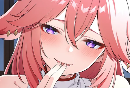 masterpiece, best quality, high resolution, source_anime, highly detailed illustration, detailed eyes,
very aesthetic, absurdres, newest, amazing quality, anime coloring, anime screenshot,
1girl, solo, anime screencap, yae miko,
official art,
shisedupose, fingers to lips, looking at viewer, smile, blush, open mouth, blush, seductive smile, portrait, saliva trail, close-up,
<lora:shiSeduciveFingerV1ill:1>